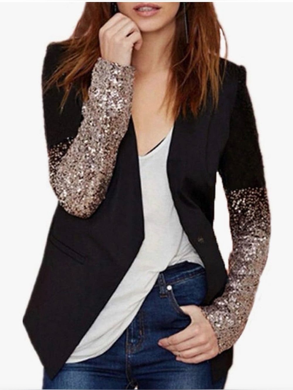 EUC Never worn Black Blazer with Sequin Ombre Sleeves size small